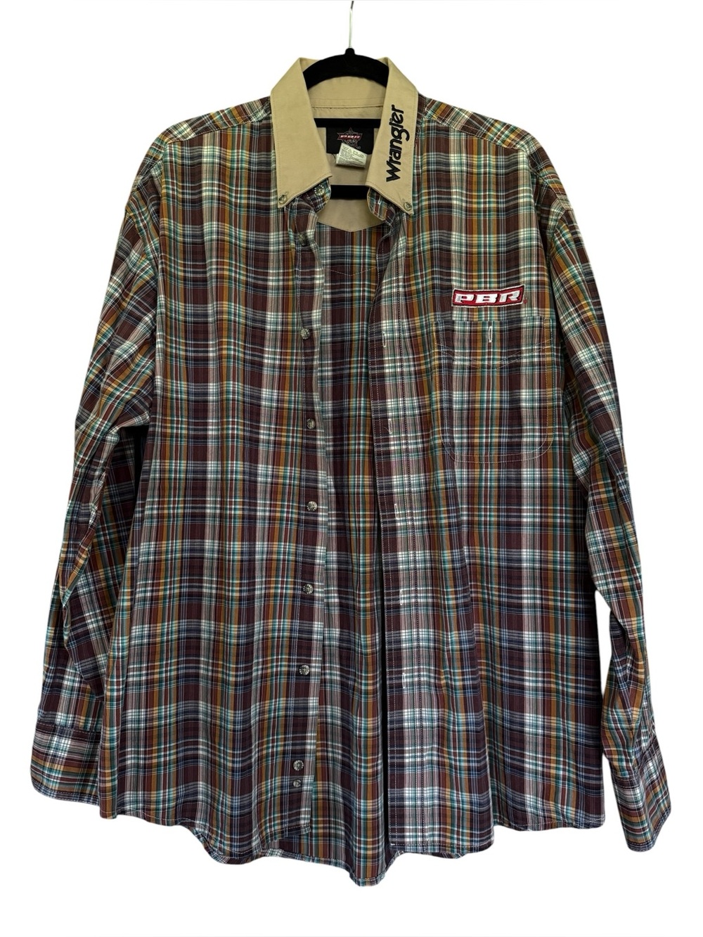 Wrangler PBR Rodeo Shirt Men’s L Multicolor Plaid Western Button Up Cotton